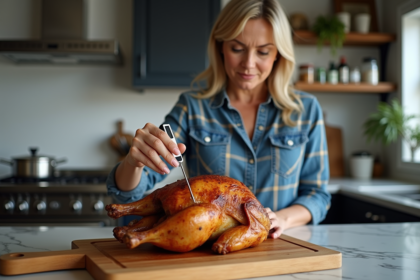 Femme insérant un thermometre dans un poulet rôti en cuisine