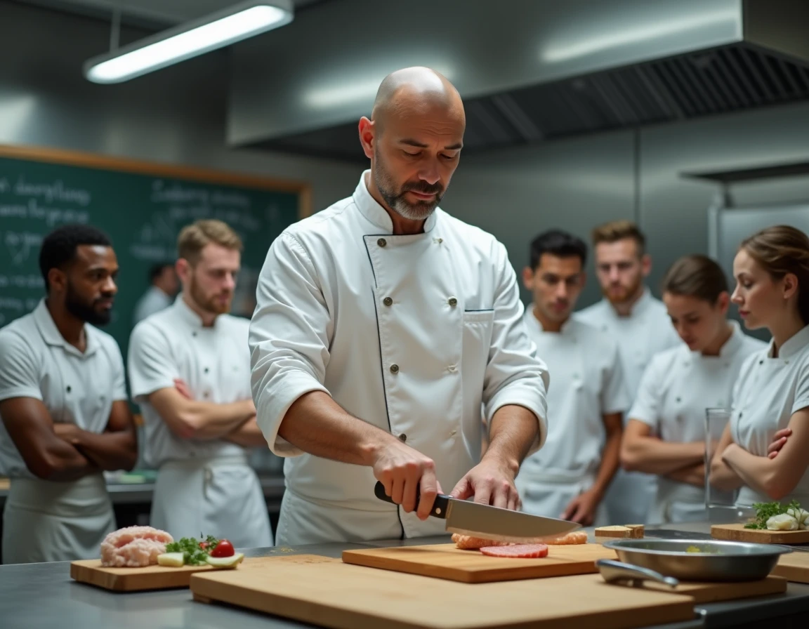 Chef Thierry Marx enseignant une technique culinaire à des apprentis dans une cuisine de formation professionnelle