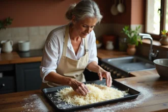 Femme étalant des noix de coco râpée sur une plaque de cuisson avant de les toaster au four pour un gâteau