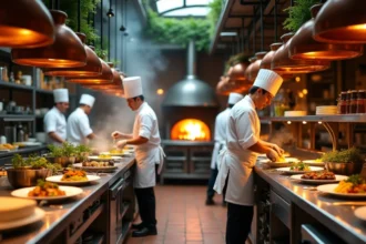 Cuisine d'un grand restaurant français avec chefs en action, évoquant l'ascension des meilleurs chefs cuisinier français