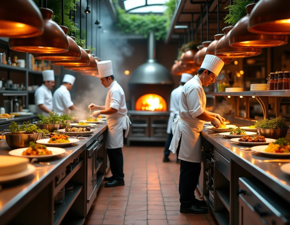 Cuisine d'un grand restaurant français avec chefs en action, évoquant l'ascension des meilleurs chefs cuisinier français