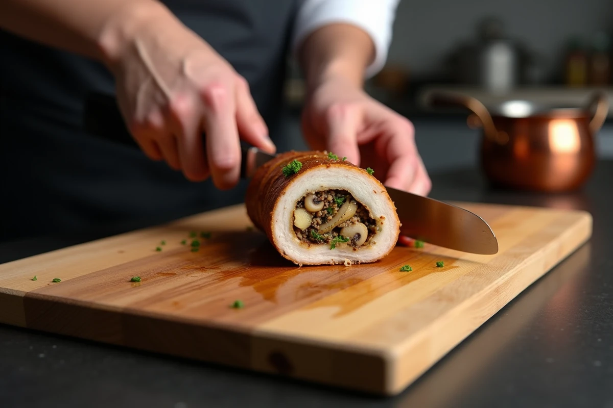 Tranche de paupiette de porc farcie aux herbes et champignons coupée sur une planche en bois