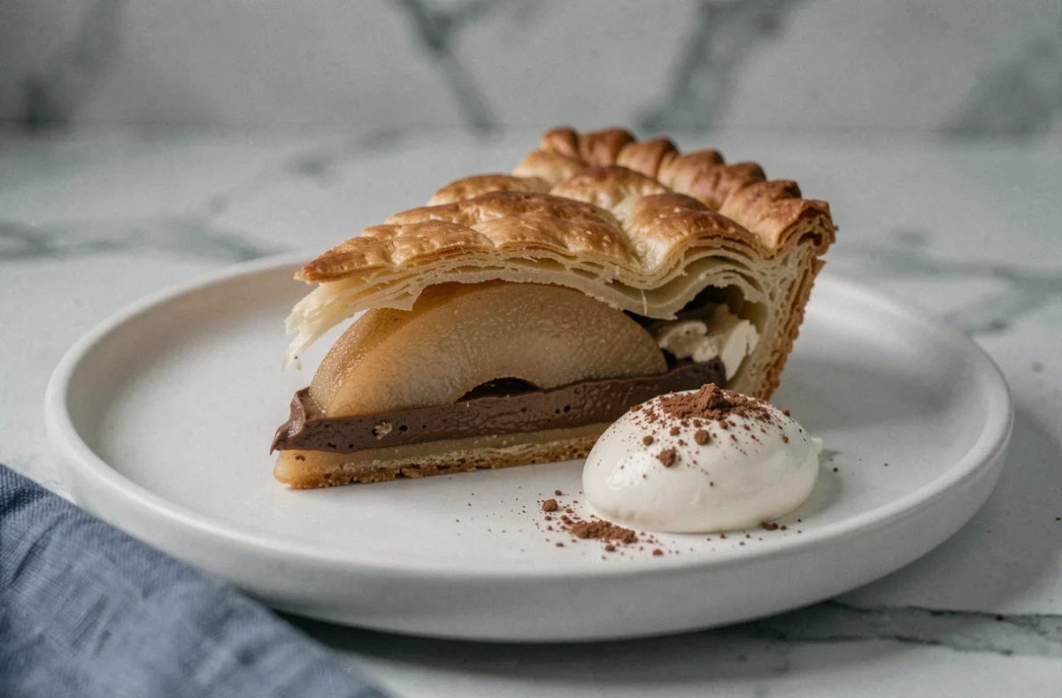 Tranche de tarte poire chocolat en gros plan sur assiette blanche avec quenelle de crème fraîche