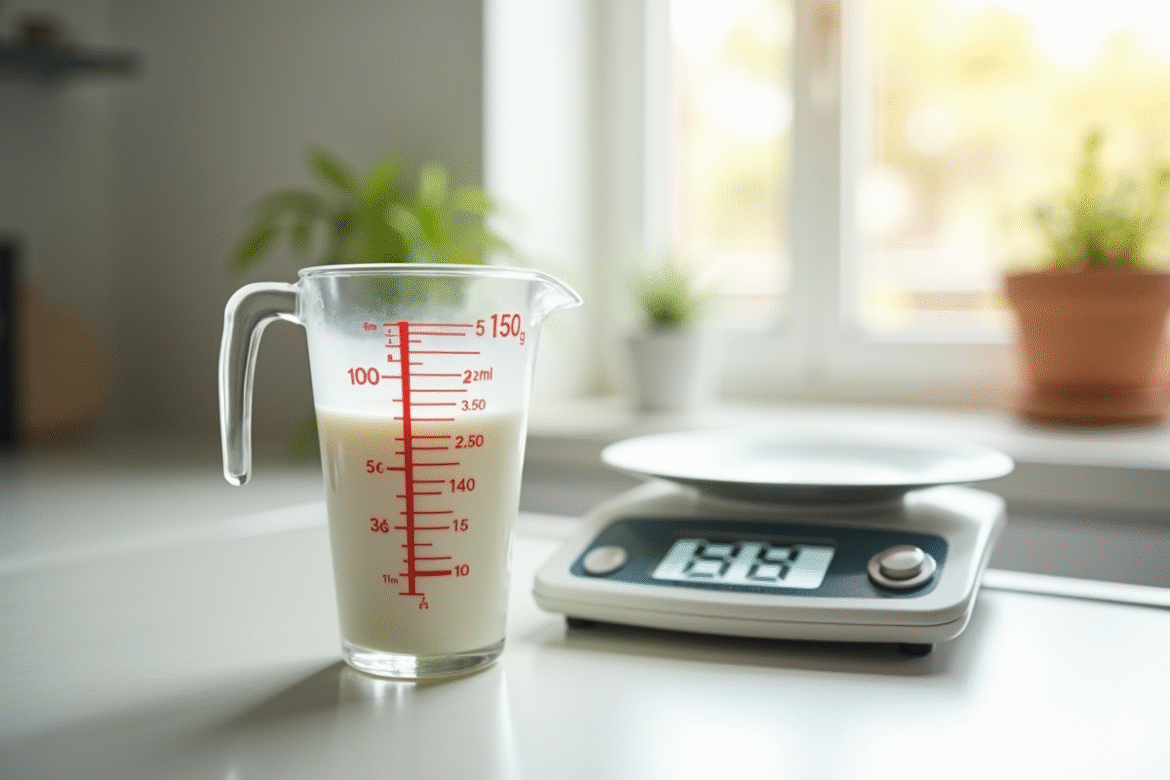 Verre mesureur de lait sur plan de travail lumineux