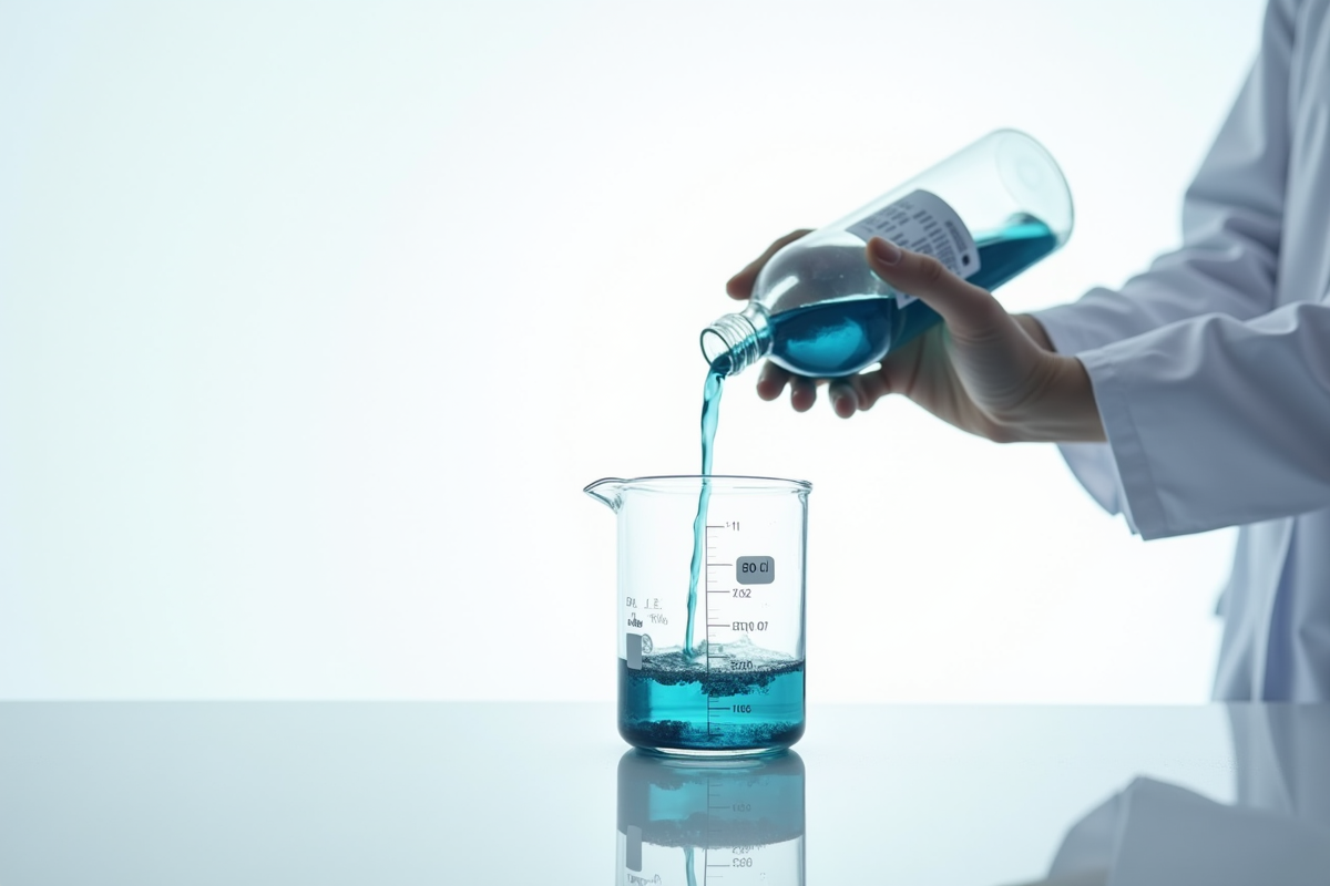 Main de scientifique versant du liquide dans un bécher