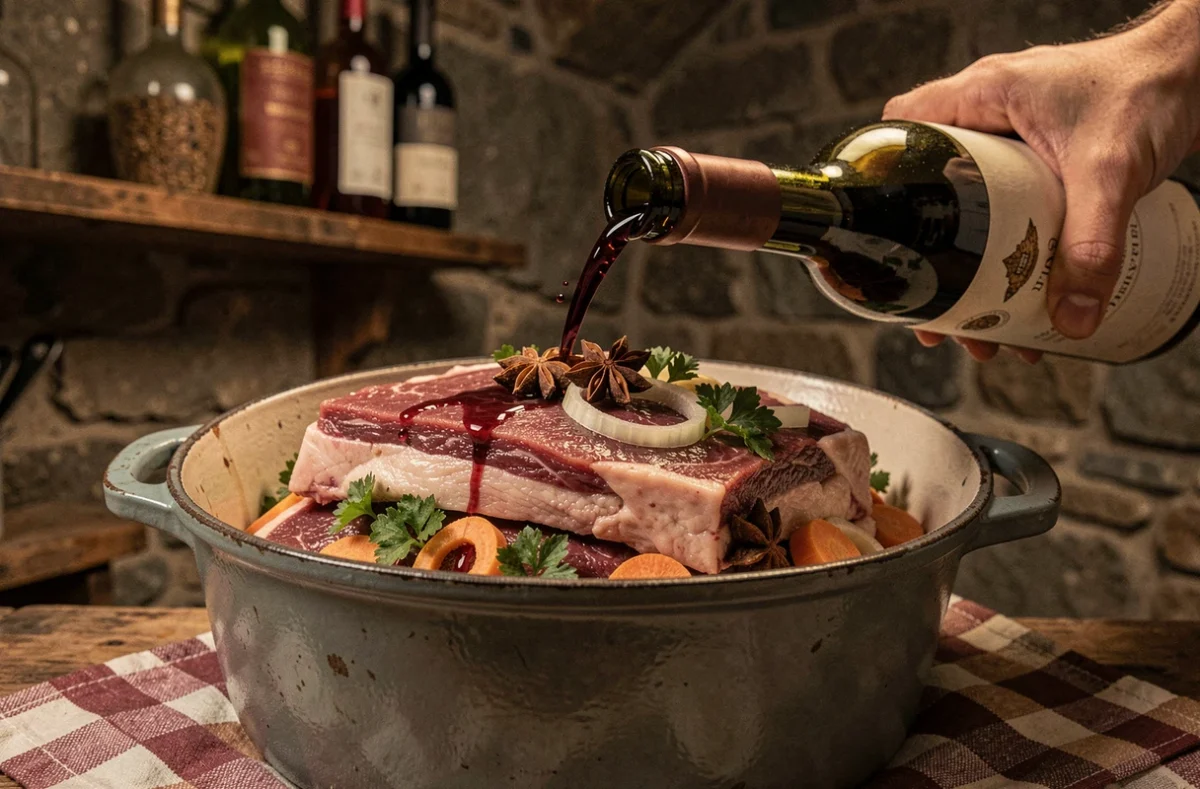 Versement de vin rouge sur des tranches de chevreuil en train de mariner dans une cocotte en fonte émaillée avec légumes et épices entières