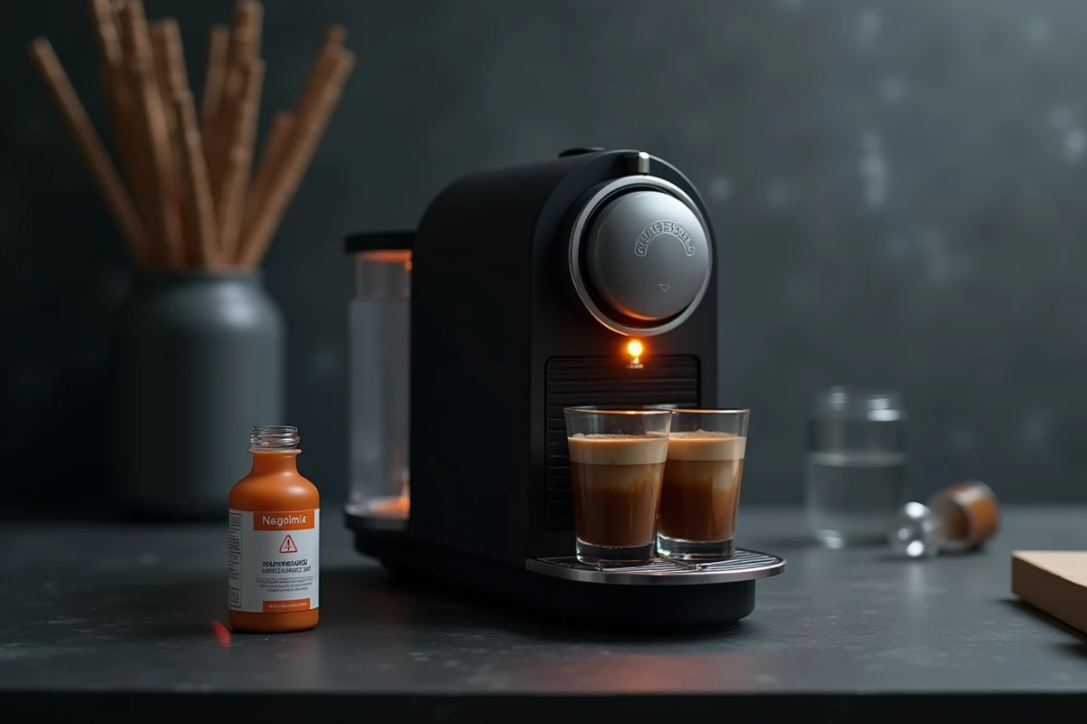 Voyant de détartrage allumé sur une machine Nespresso Magimix avec kit de détartrage posé à côté